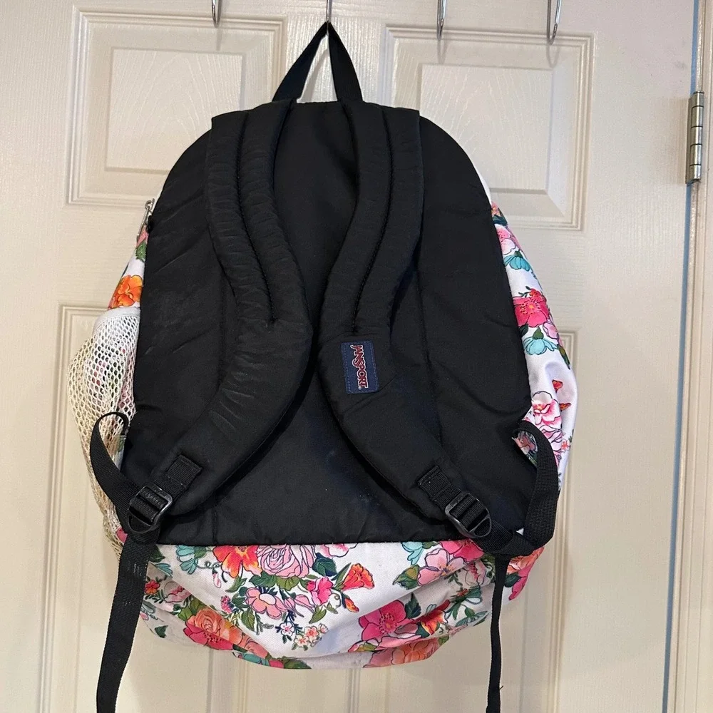 JanSport Big Student Backpack White Floral Print Multi Compartment School Bag